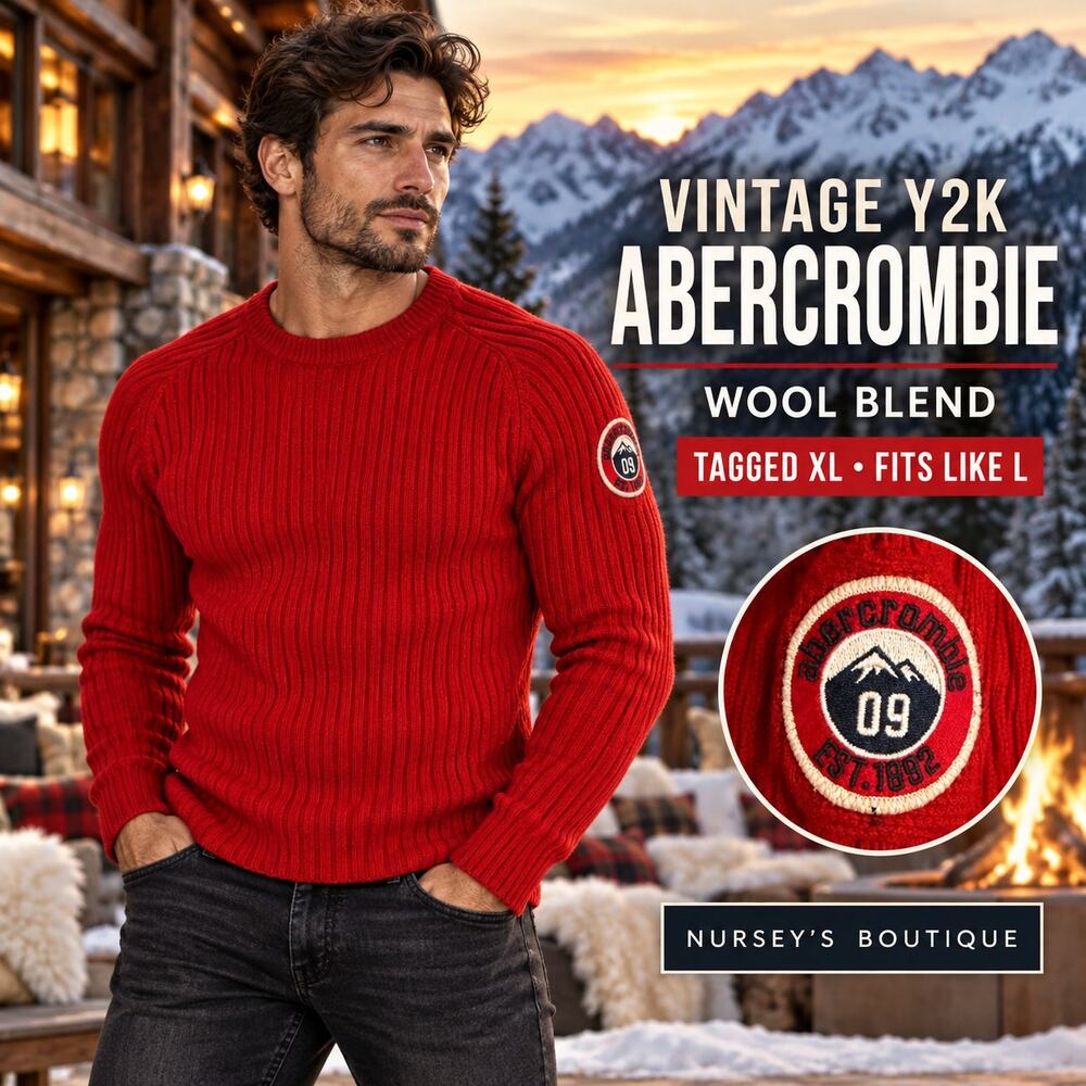 Vintage Y2K Abercrombie & Fitch Red Ribbed Wool Blend Sweater Men’s XL Fits L